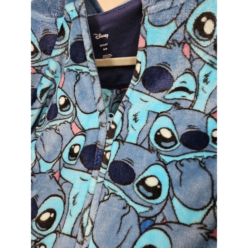 Disney Stitch Adult Fleece One Piece Pajamas Blue Hooded Zip-Up  NWT  Medium